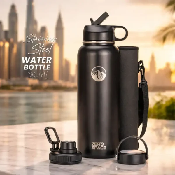 Insulated Water Bottle 1200ml with 3 Extra Lids – Black – photo 2