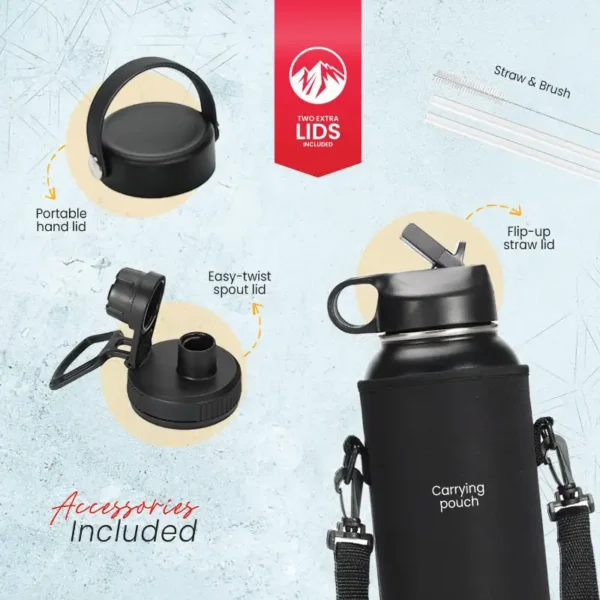 Insulated Water Bottle 1200ml with 3 Extra Lids – Black – photo 3