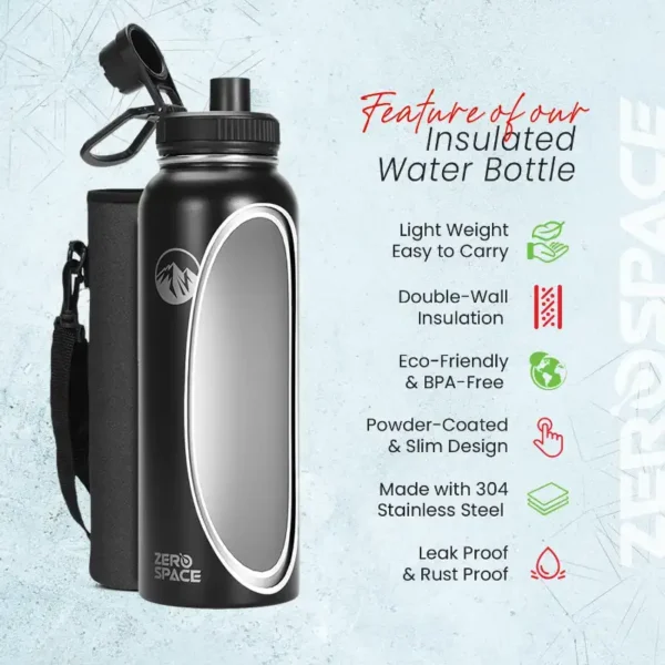 Insulated Water Bottle 1200ml with 3 Extra Lids – Black – photo 4