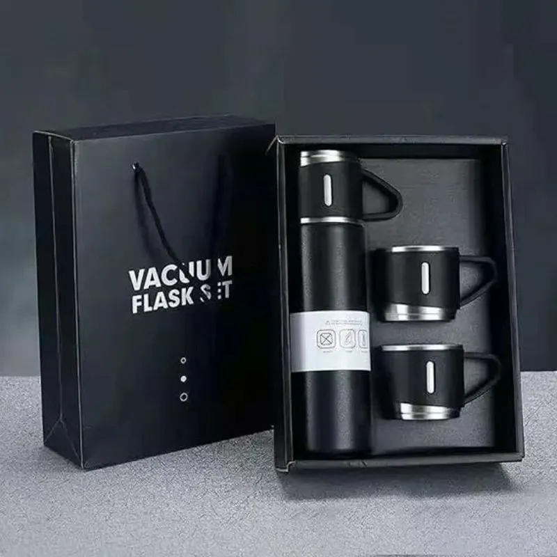 Double Layer Stainless Steel Vacuum Flask Set - Black - Image 2