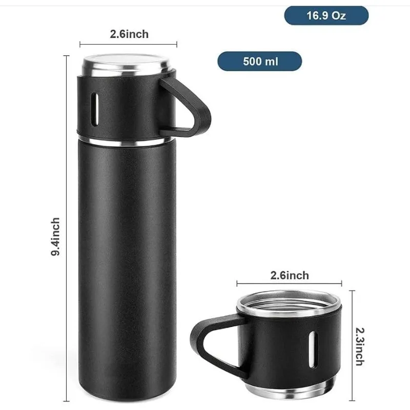 Double Layer Stainless Steel Vacuum Flask Set - Black - Image 3