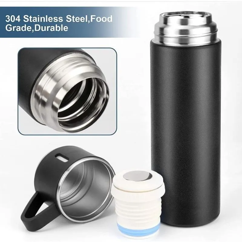 Double Layer Stainless Steel Vacuum Flask Set - Black - Image 4