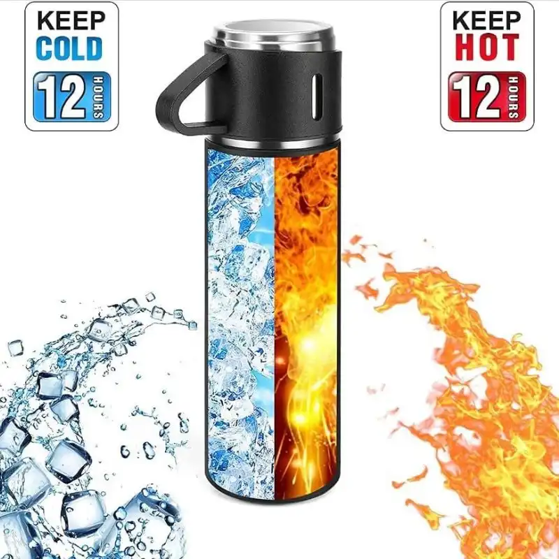 Double Layer Stainless Steel Vacuum Flask Set - Black - Image 6