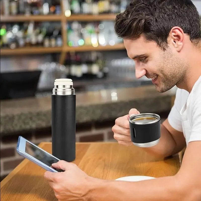 Double Layer Stainless Steel Vacuum Flask Set - Black - Image 8