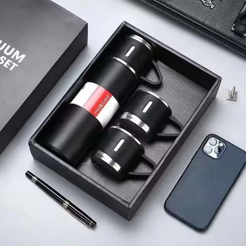 3 Cup Double - Layer Stainless Steel Vacuum Flask Set - Black