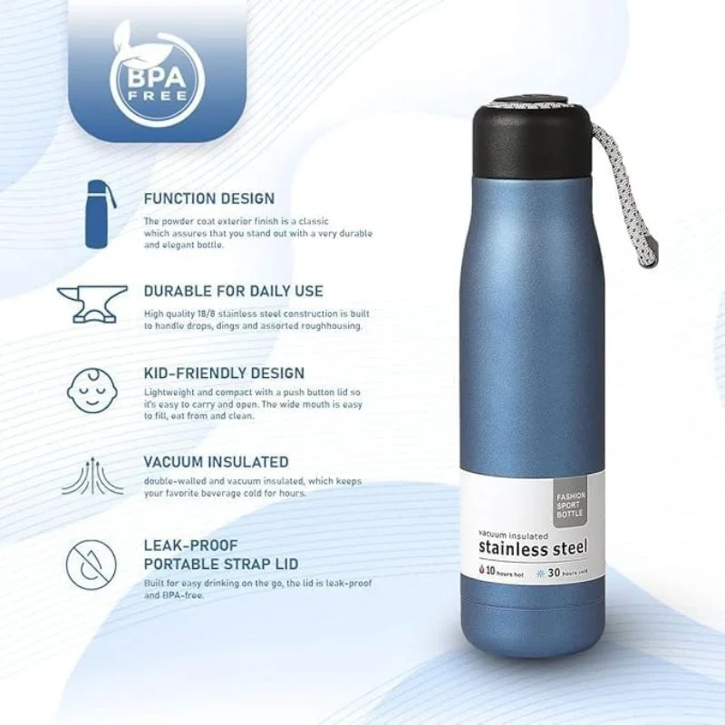 Insulated Stainless Steel Sports Bottle 500ml - Blue - Image 3