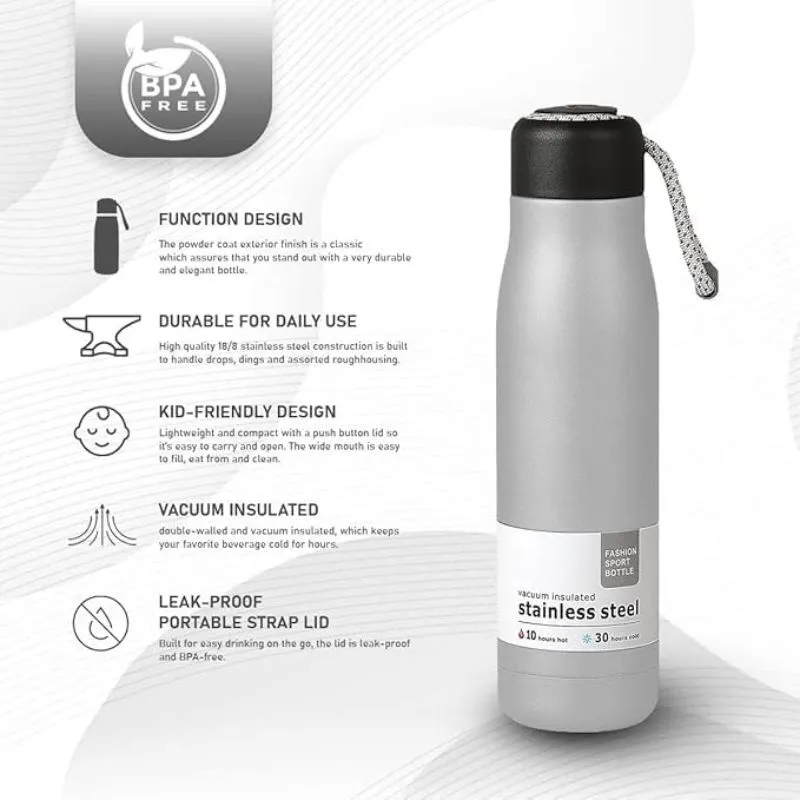 Insulated Stainless Steel Sports Bottle 500ml - Silver - Image 3