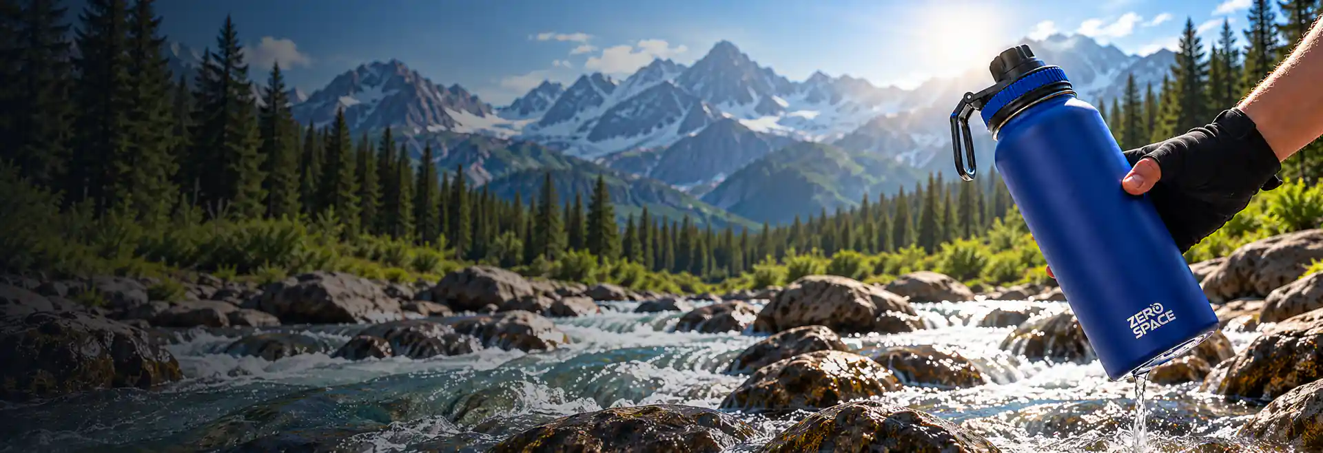 ZeroSpace blue insulated water bottle pouring at a mountain stream