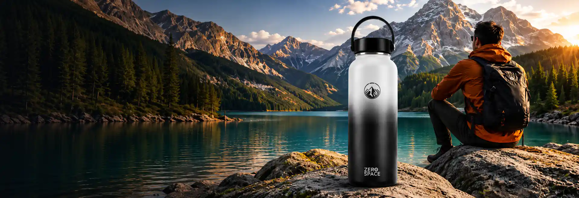 ZeroSpace 1200ml insulated water bottle by a mountain lake